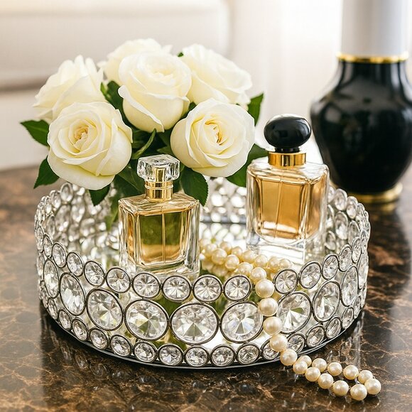 NWOT Vintage Bling Round Mirror Vanity Wedding Table Centerpiece Dessert Tray - Picture 2 of 5